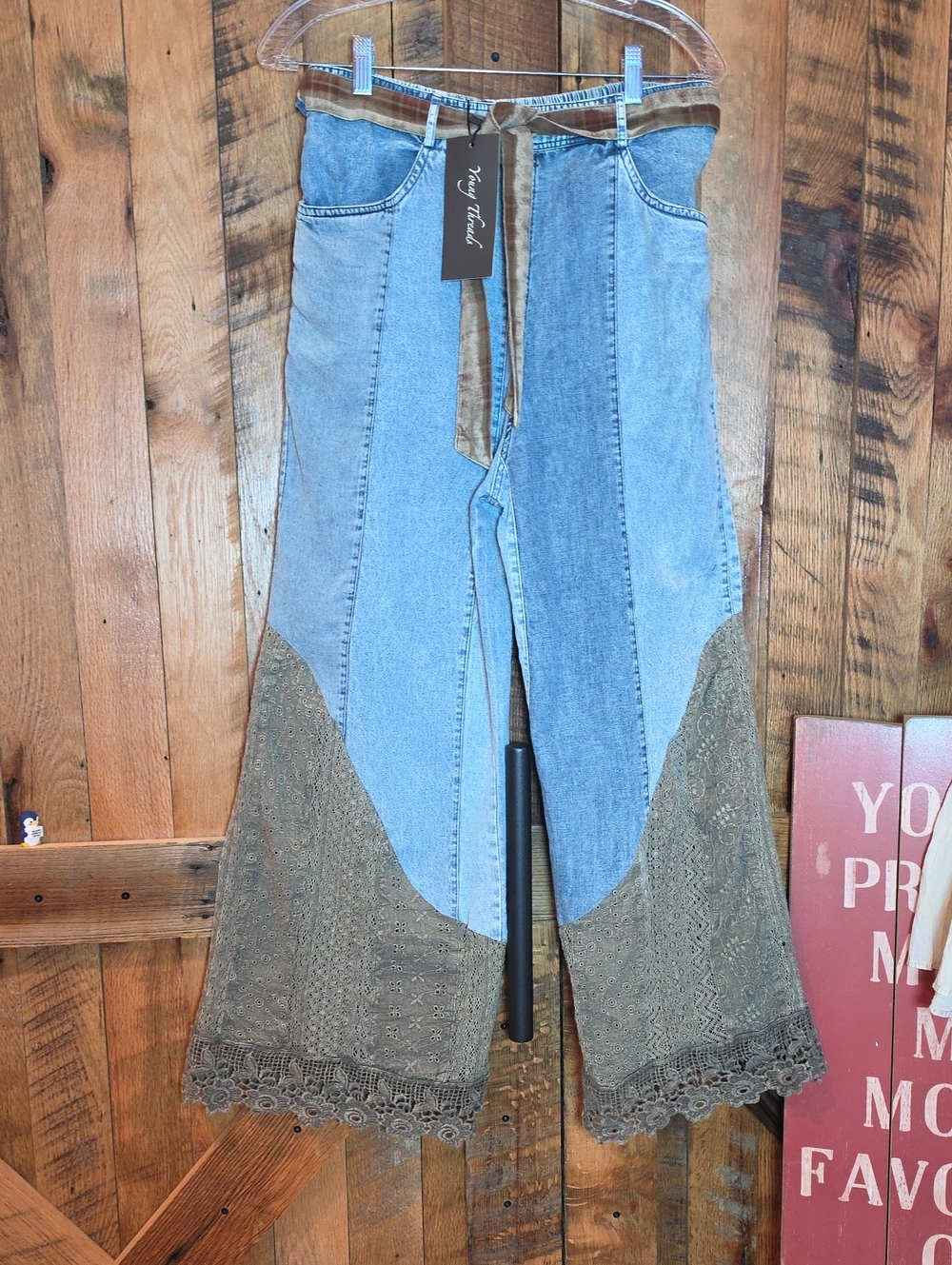 216p Young Threads Two-Tone Blue Denim Flare Jeans with Olive Crochet Panels